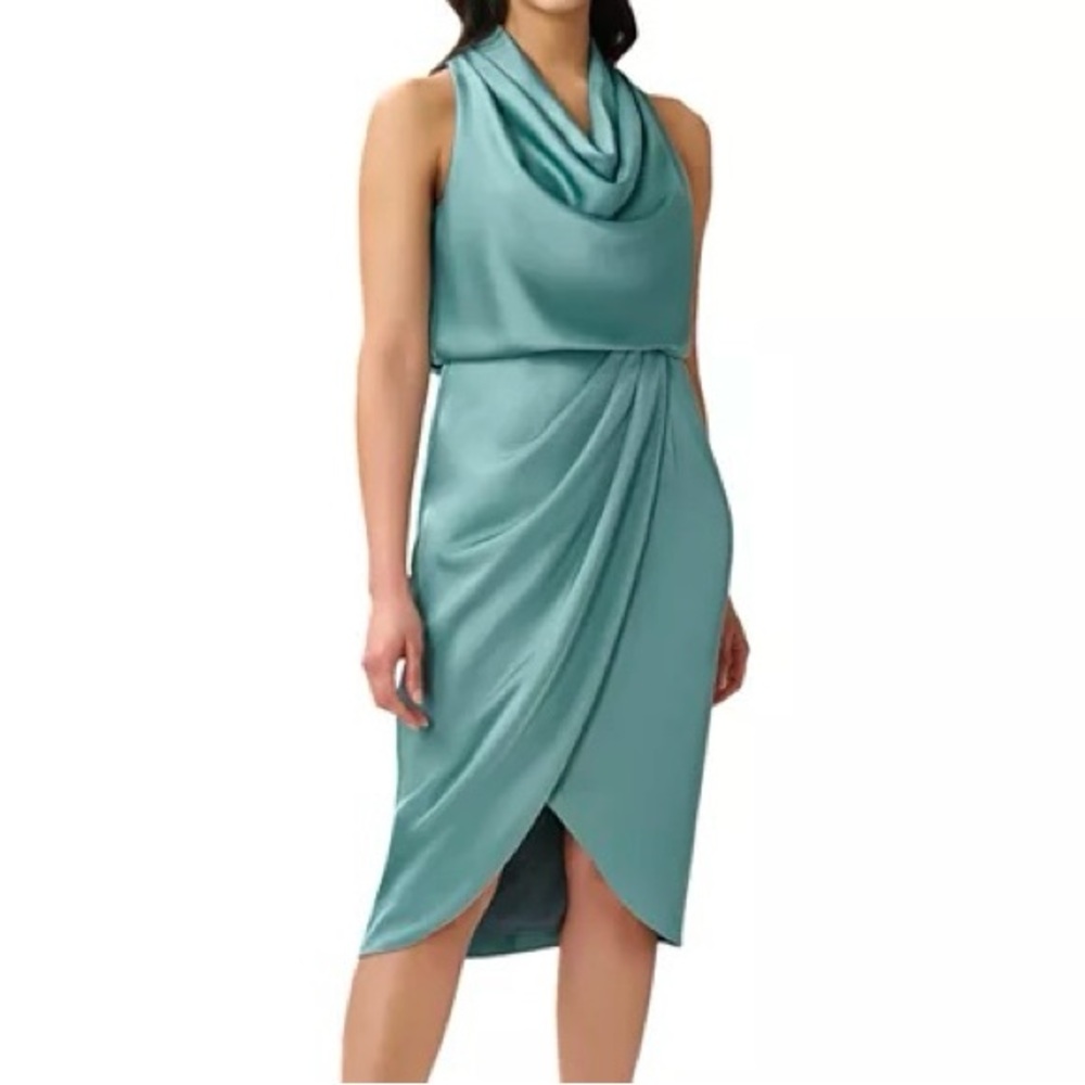 Aidan Mattox by Adrianna Papell satin cowl neck sheath dress in sea foam green